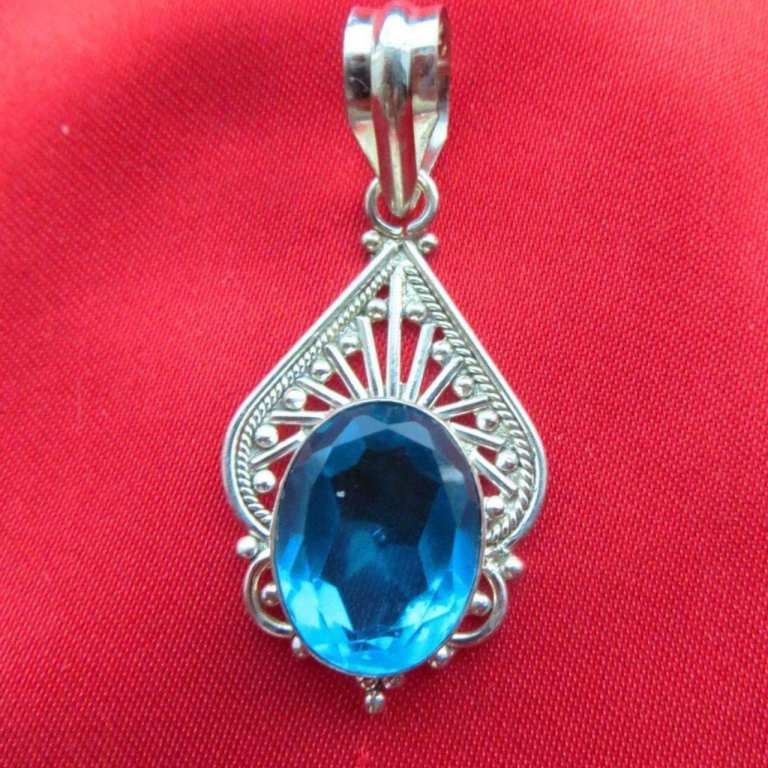 Nice Quartz Blue Topaz Silver Pendant, Engraved Frame, Size 48mm