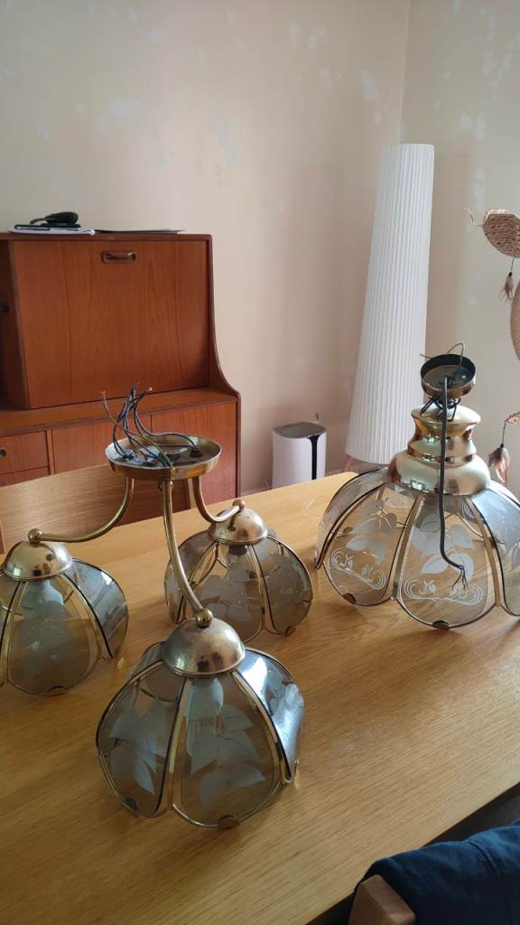 Poole Lighting Vintage Brass & Smoked Glass Ceiling Lights