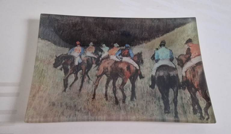glass tray featuring a reproduction of Edgar Degas's painting Racehorses 
