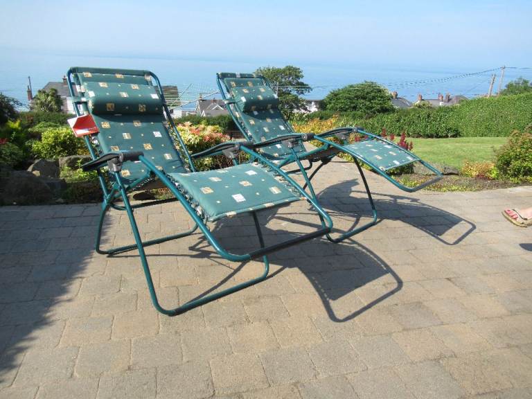 Two Lafuma Style Reclining Garden Chairs, Green Pattern