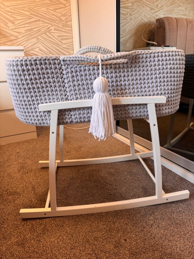 image for Light grey crochet crib with white wooden stand 