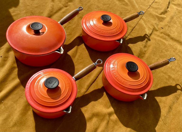Set of 4 LE CREUSET Volcanic Orange Cast Iron Lidded Saucepans w/Wooden Handles
