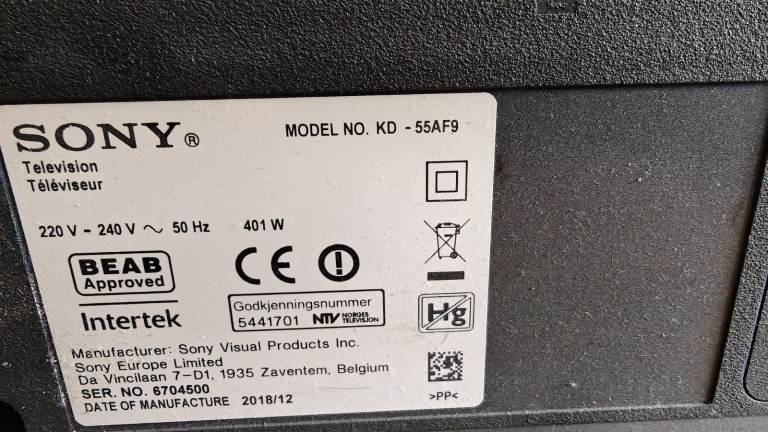 Sony flat screen 55"  - Model No KD - 55AF9