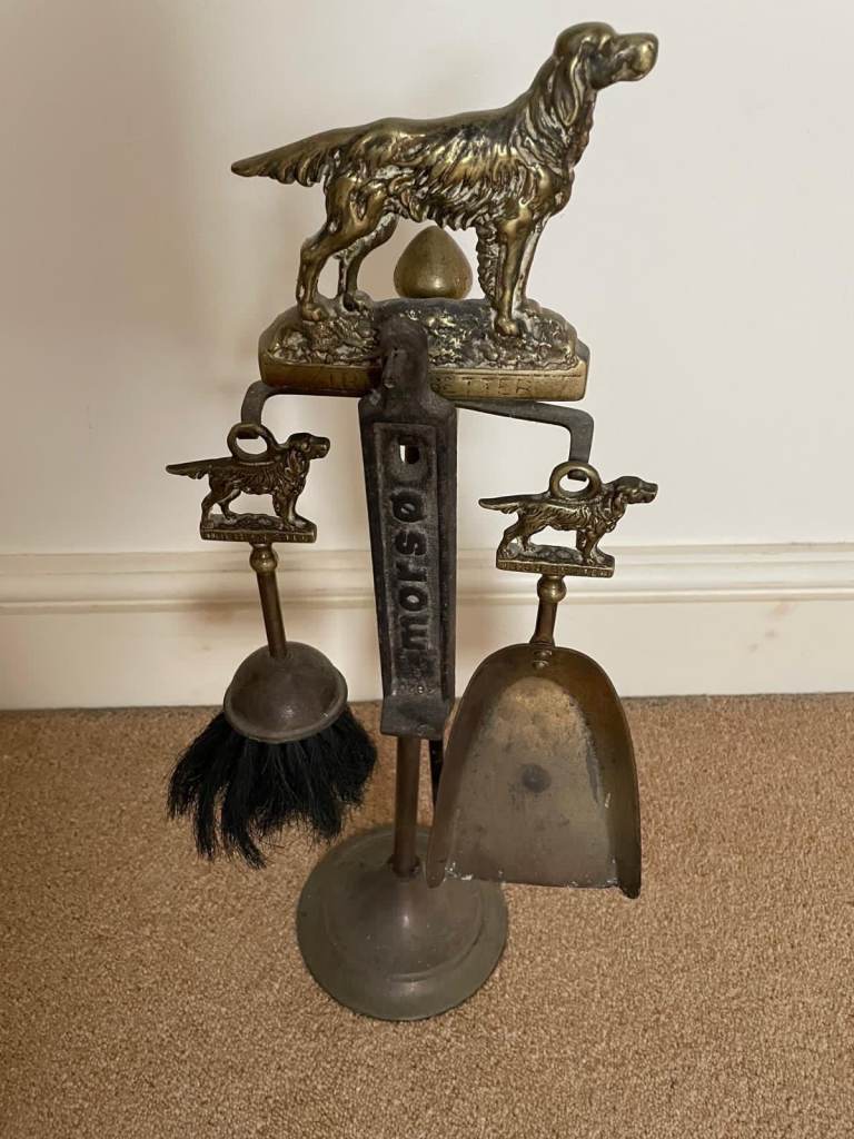 Antique brass fire companion set