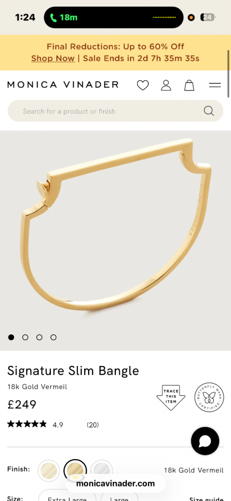 Monica Vinader Signature Slim Bangle Gold Vermeil and 2pandora rings – Good Condition