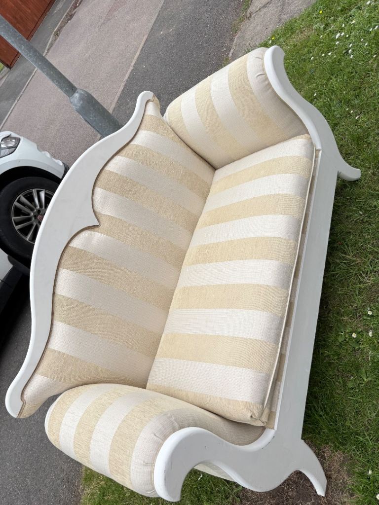     Elegant French Country Loveseat – Cream Striped Upholstered Sofa
