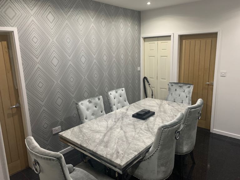 Dining room table 6 chairs and side unit 