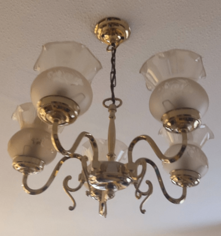 image for Two ceiling lights 5 arm glass shades , brass hardware 