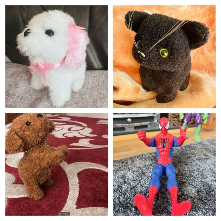 Many toys, electronic dogs, cats, Spiderman &more