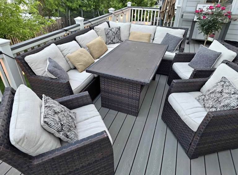 Large Rattan Corner Sofa & Armchairs with Table – Good Condition