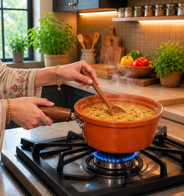 Traditional Terracotta Clay Saucepan with Wooden Handle & Glass Lid – 20cm