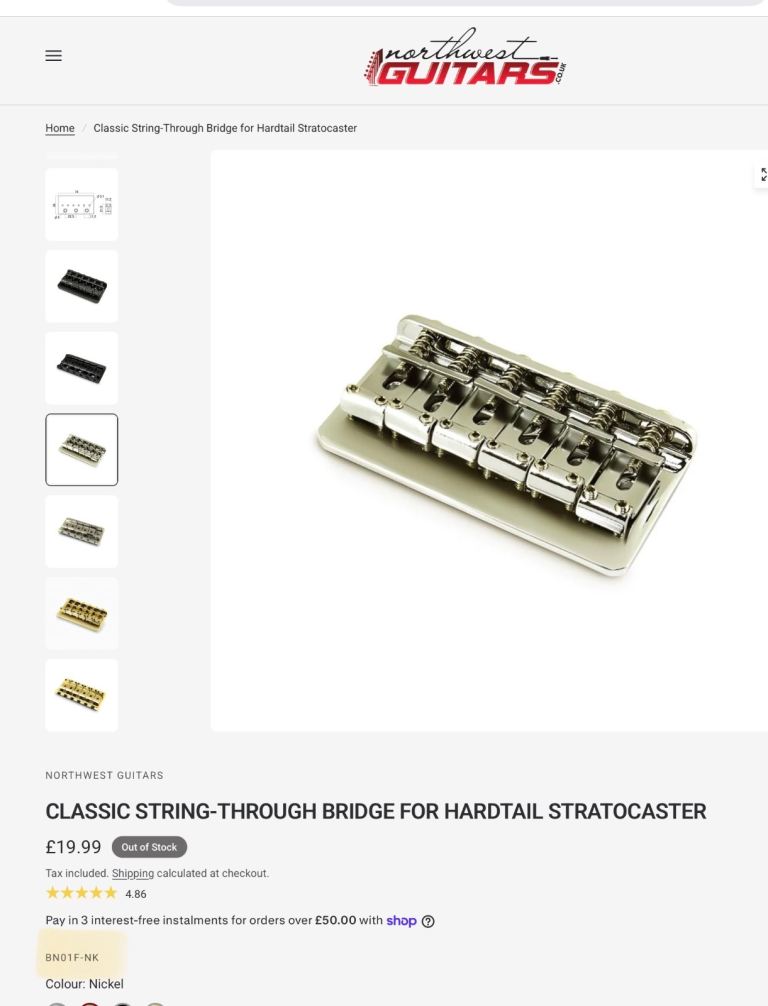 Northwest Guitars Classic String-Through Bridge for Hardtail Stratocaster - Nickel