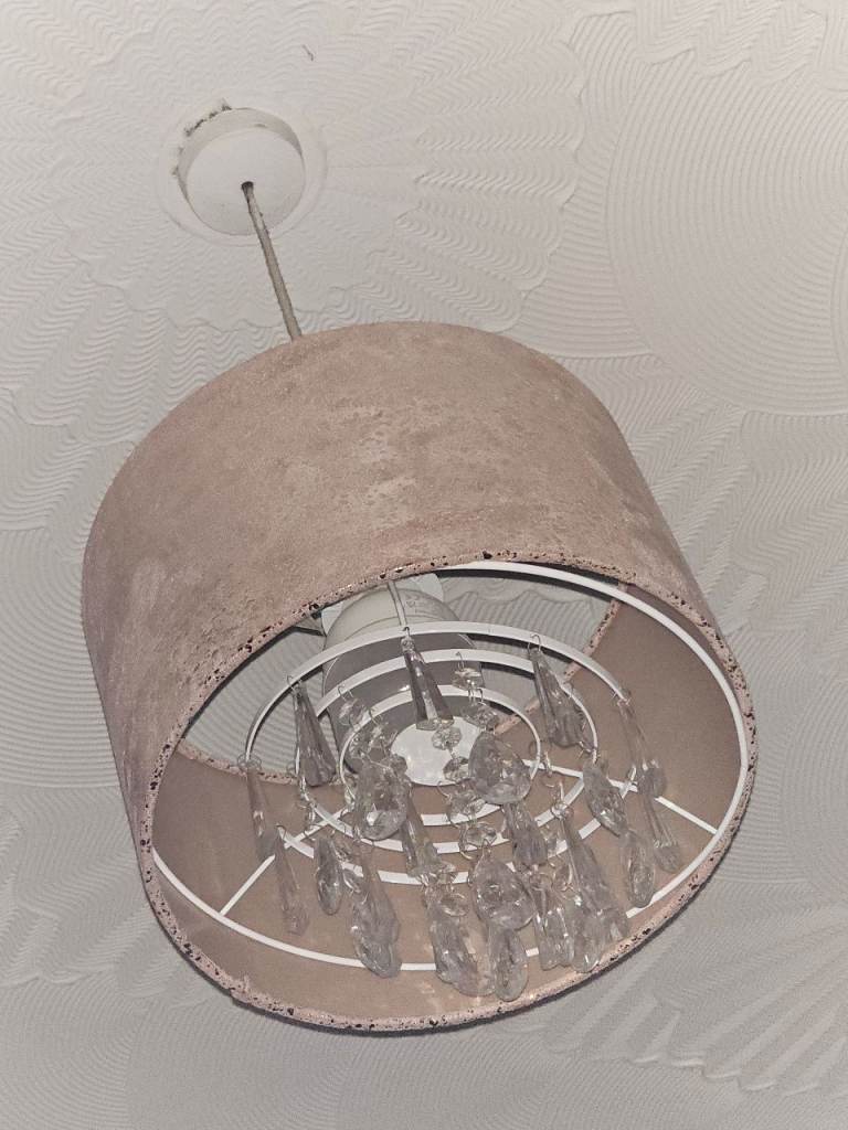 Brown Fabric Lampshade with Crystal Droplets – Good Condition