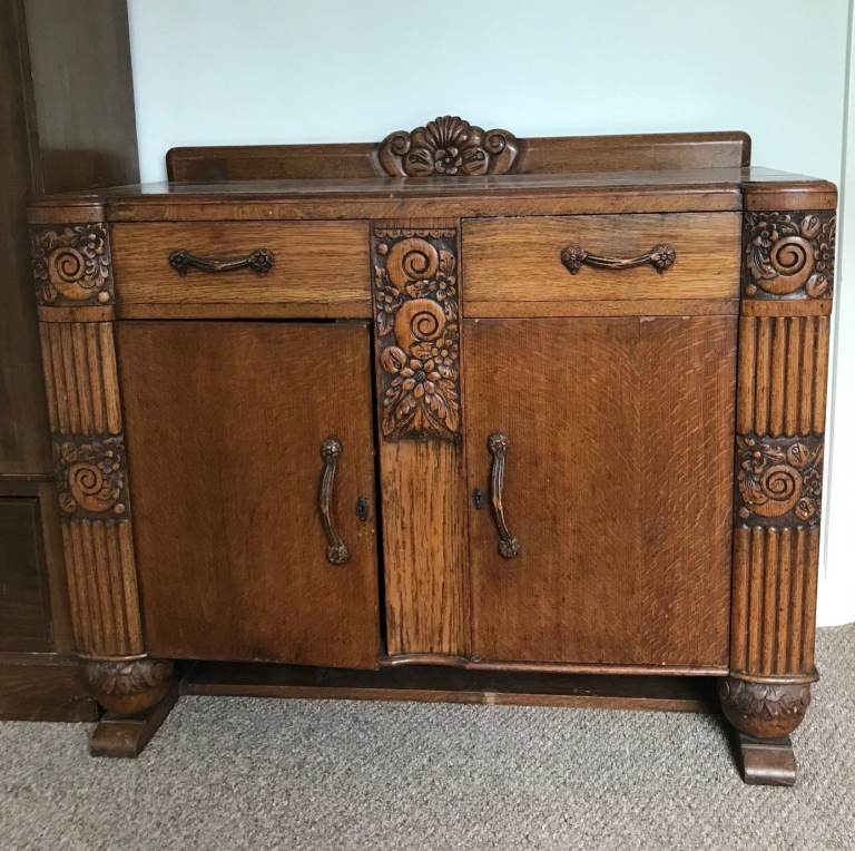 Vintage Solid Wood Sideboard with Beautiful Carved Art Deco Details 1930s-1940s