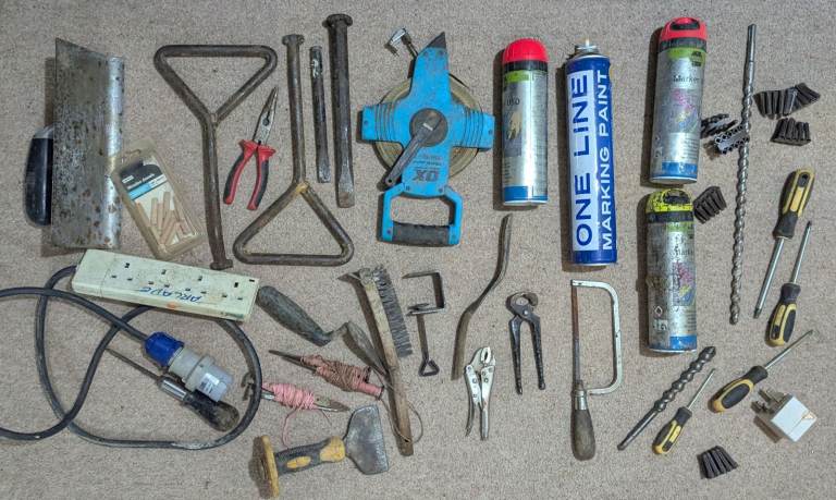 Job Lot Of Tools Inc Manhole Keys, Marker Paint, Measure, Trowel, Float, Chisels, Brick Jointer