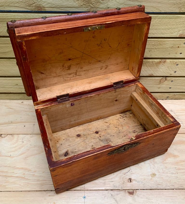 Small Antique Pine Hobby Craft Sewing Work Box Storage Trunk Chest 1900s