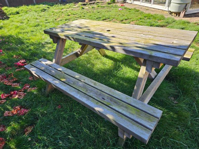 Wooden Picnic Table and Benches – Fair Condition