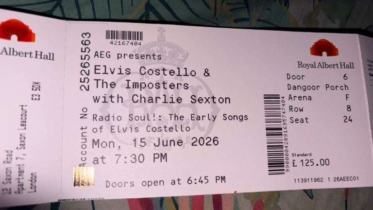 Elvis Costello & The Imposters Concert Ticket - Royal Albert Hall 15.06.2026 8th row! 