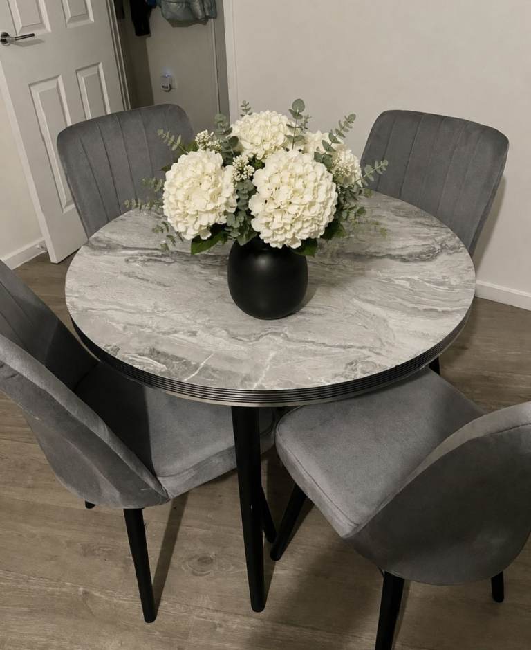 Modern Round Marble Effect Dining Table with 4 Grey Velvet Chairs