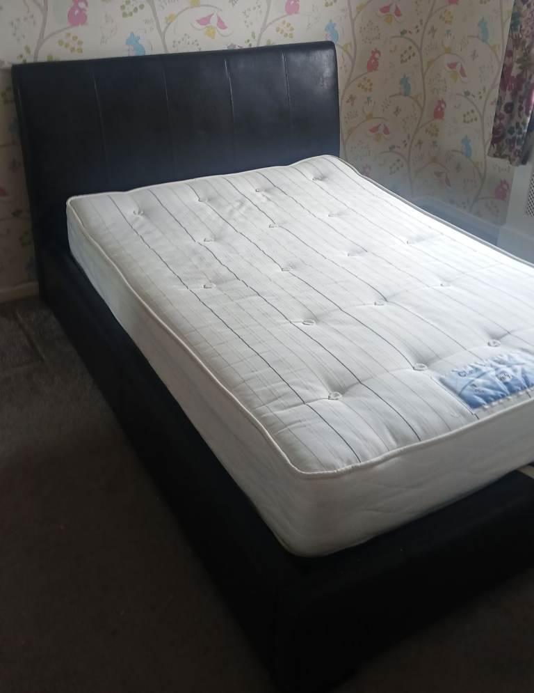 Double Bed Frame with Sealy Mattress - Brown Faux Leather, Good Condition