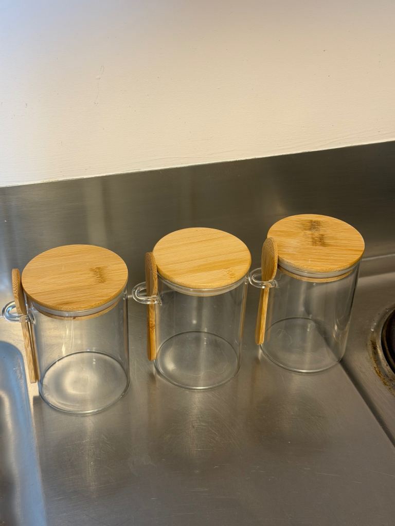 Set of 3 Glass Kitchen Canisters with Wooden Lids and Spoons