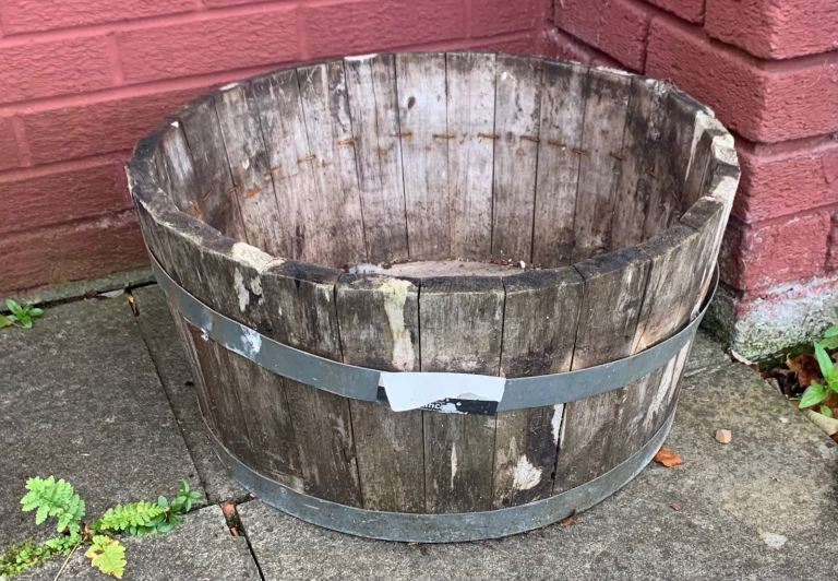 Large Wooden Barrel Planter – Fair Condition