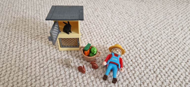 Playmobil Farmer with Rabbit Hutch and Vegetables - Good Condition