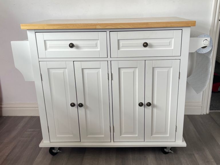 White Kitchen Island Trolley with Wood Top and Storage