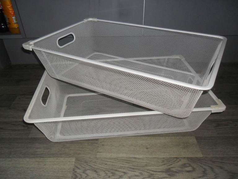 Two iKEA White Metal Mesh Storage Baskets – Good Condition,each 38cm x 59cm x 14cm High