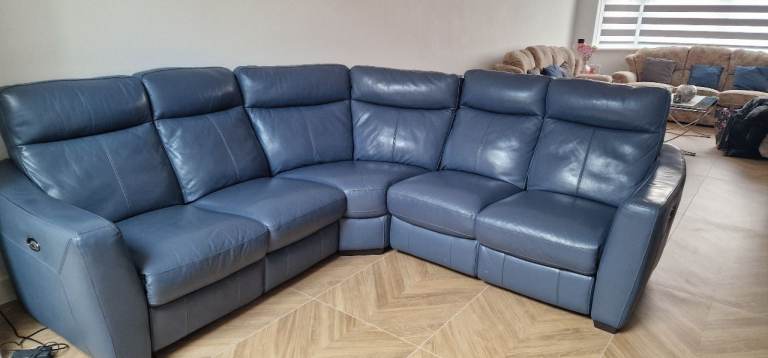 Luxury Blue Leather Corner Recliner Sofa with Matching Footstool – 5 Seater