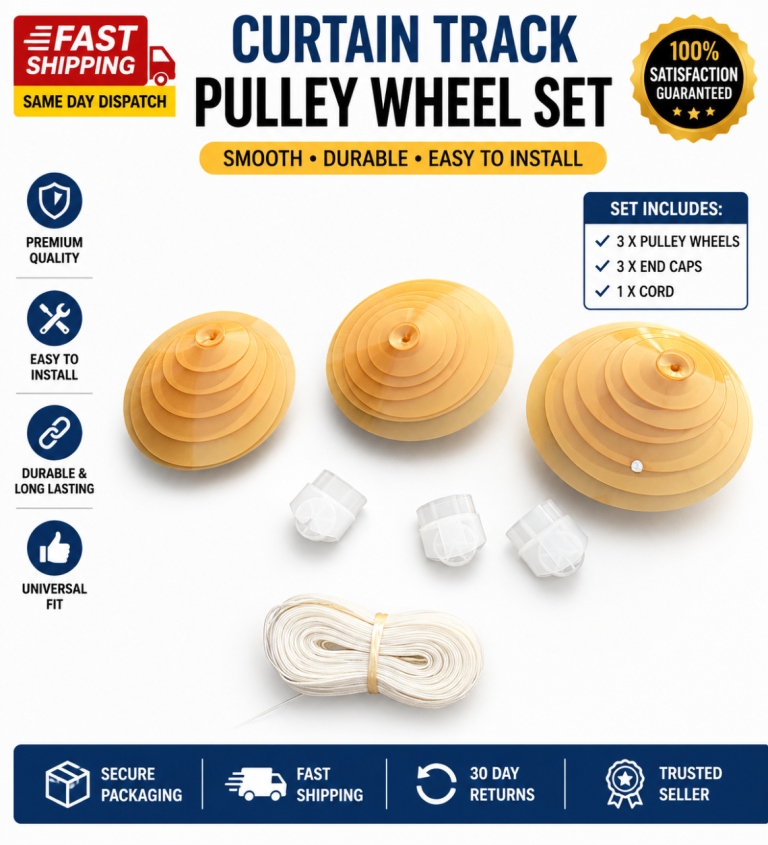 Vintage  curtain track pulley wheel set including 3 pulley wheels end caps/connectors & curtain cord