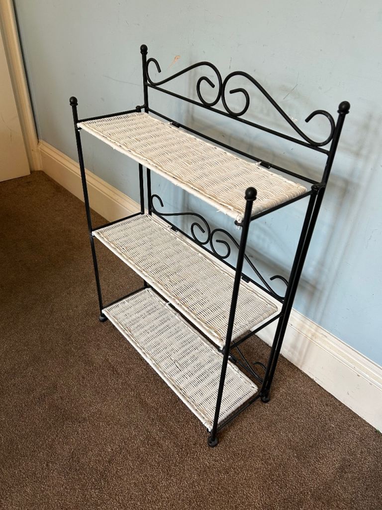 Vintage Black White Wrought Iron Rattan Folding Stand 3 Shelves H29in/74cm W19.5in/74cm D7.5in W047