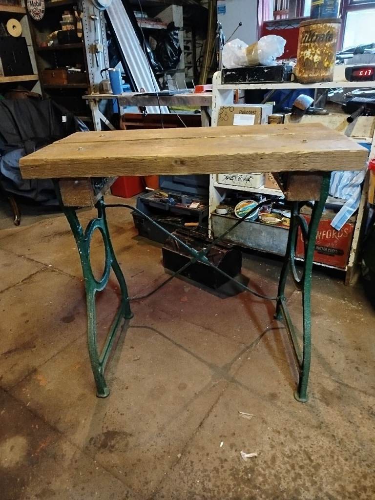 Vintage Heavy Duty Cast Iron & Wood Workbench 