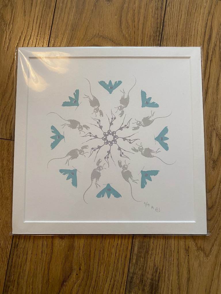 NEW 10” X 10” LTD EDITION & SIGNED MONOMOTH ART PRINT; MOTHS, RAT SKELETON, MANTIS SKIN