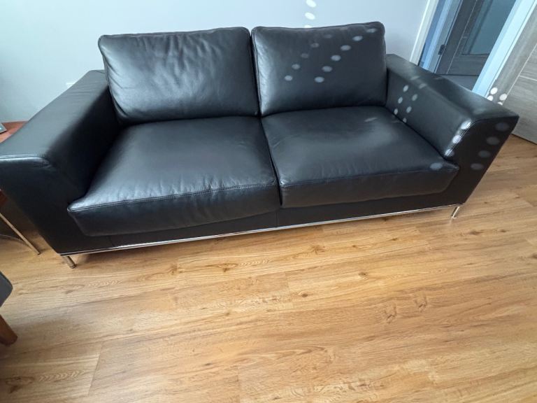 Black Leather Two-Seater Sofa – Good Condition