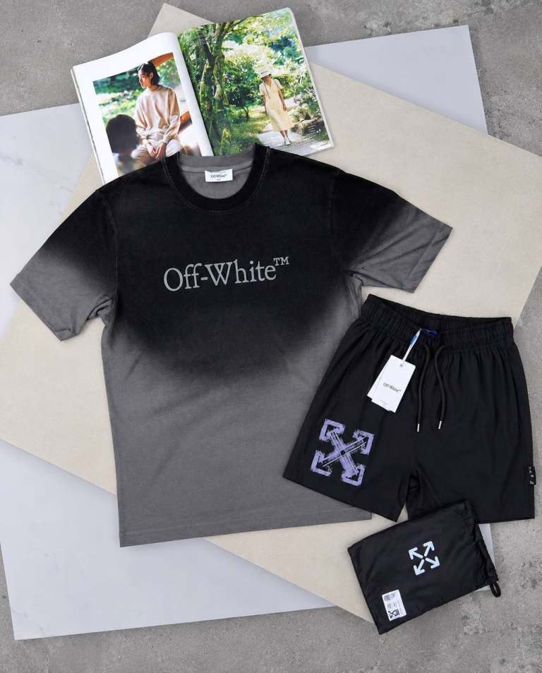 Off-White T-Shirt & Shorts Set – Black/Grey/Brown, New with Tags