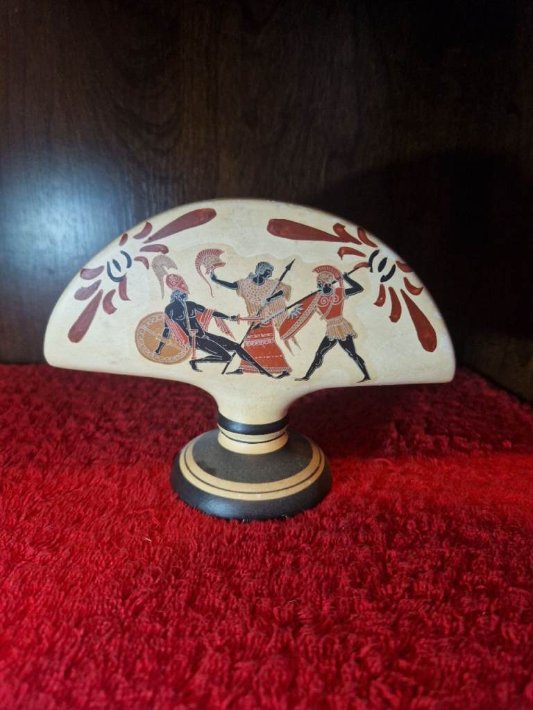 Greek Fan Vase Hand Painted Mythological Warriors & Chariot Scene