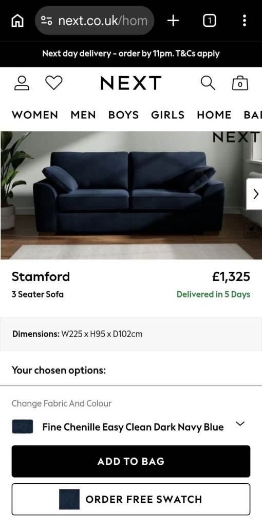 NEXT Stamford 3 Seater Sofa – Dark Navy Blue Chenille