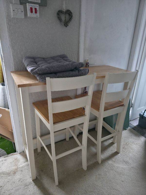 White and Wood Breakfast Bar Table with Two Stools