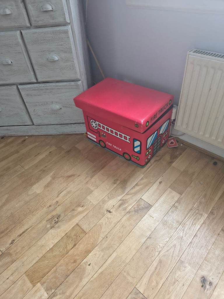 Red Fire Engine Toy Storage Box with Padded Lid – Good Condition