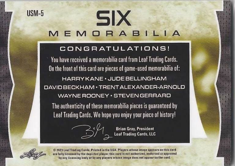 2022 Leaf Ultimate Soccer Silver Six Memorabilia #/30 Kane Beckham Rooney Bellingham Gerrard Alexa