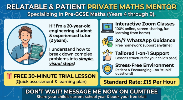 Friendly & Patient Private Math Tutor | 2 Years Exp. | Years 4 to 9 | Free Trial