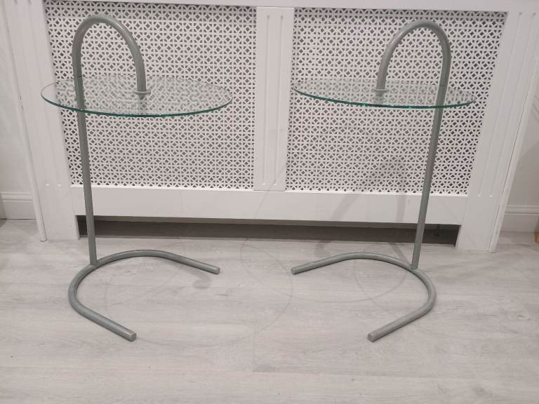 Pair Vintage IKEA RY Modernist 1990s Side Table Glass Top Chromed Metal Frame Tord Björklund