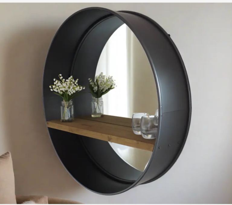 Industrial mirror with wooden shelf