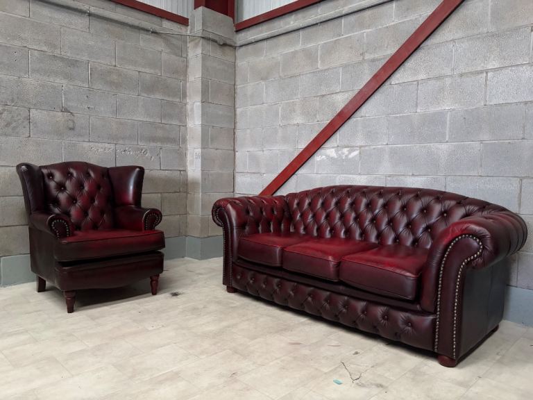 Vintage Oxblood Leather Chesterfield  3 seater and wingback chair CAN DELIVER