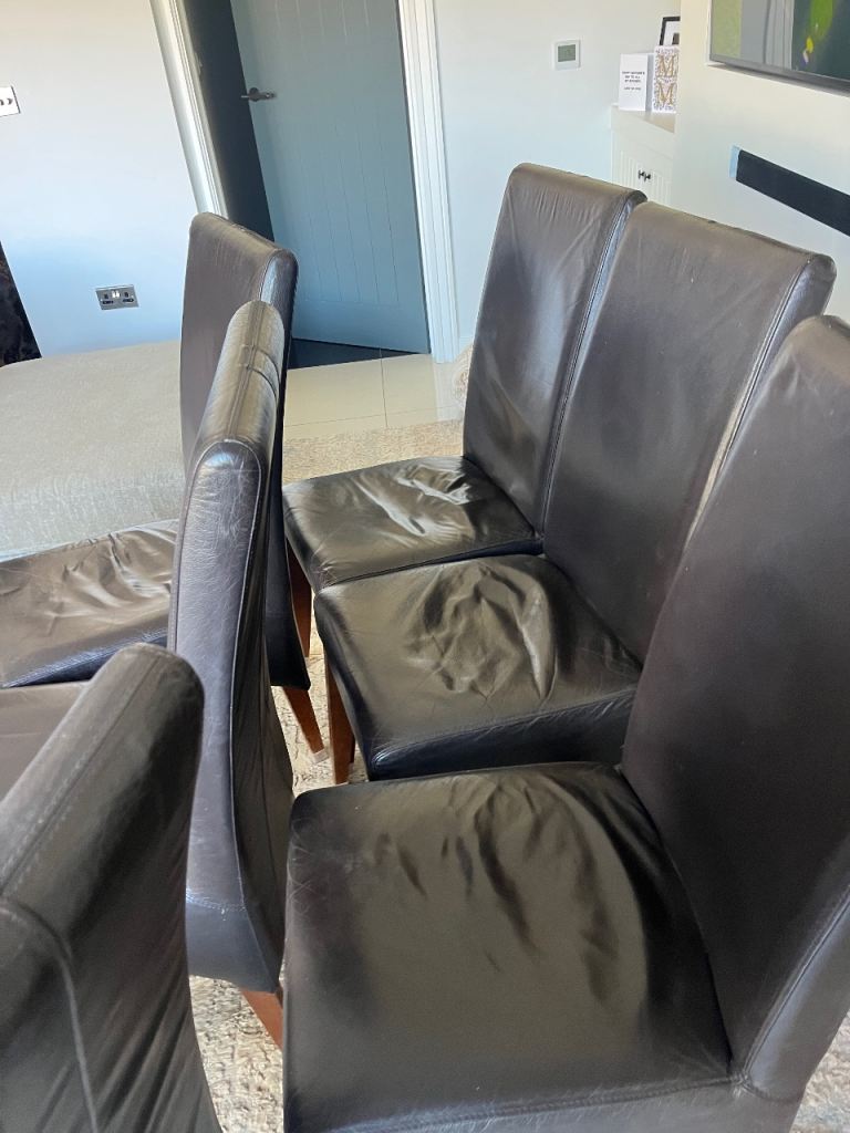 Six Brown Leather Dining Chairs - Functional