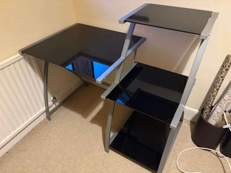 Black Glass and Metal Desk with Shelving Unit