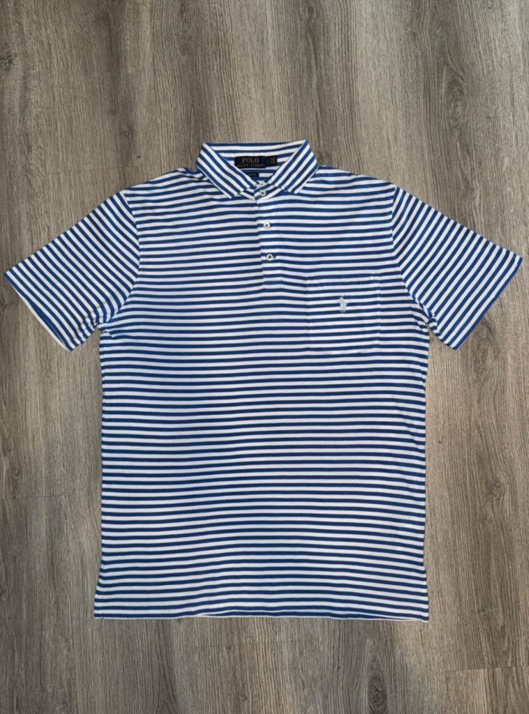 Polo Ralph Lauren Striped Polo Shirt Blue White Chest Pocket Classic Fit Mens Small S
