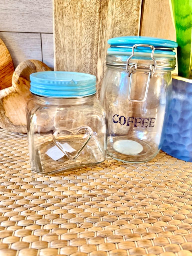 2 glass jars blue lids 18cm & 13cm tall One has ceramic mason metal clip lid