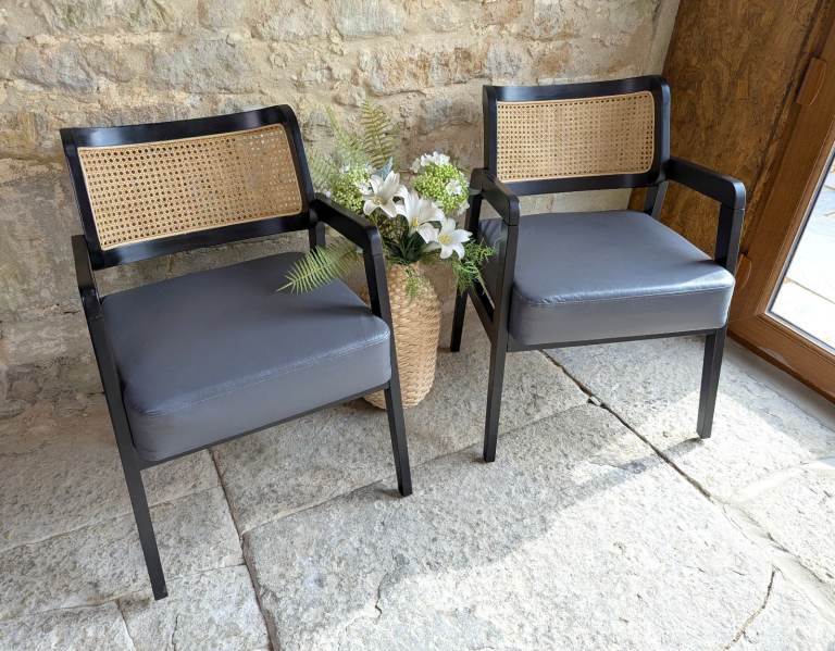 Pair Rattan Back Black Carver Dining Chairs - Occasional Armchairs Cafe Chairs